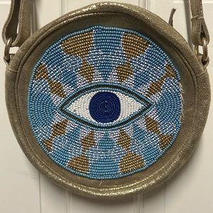 Anthropologie Olivia Dar Gold Leather Beaded Evil Eye Purse